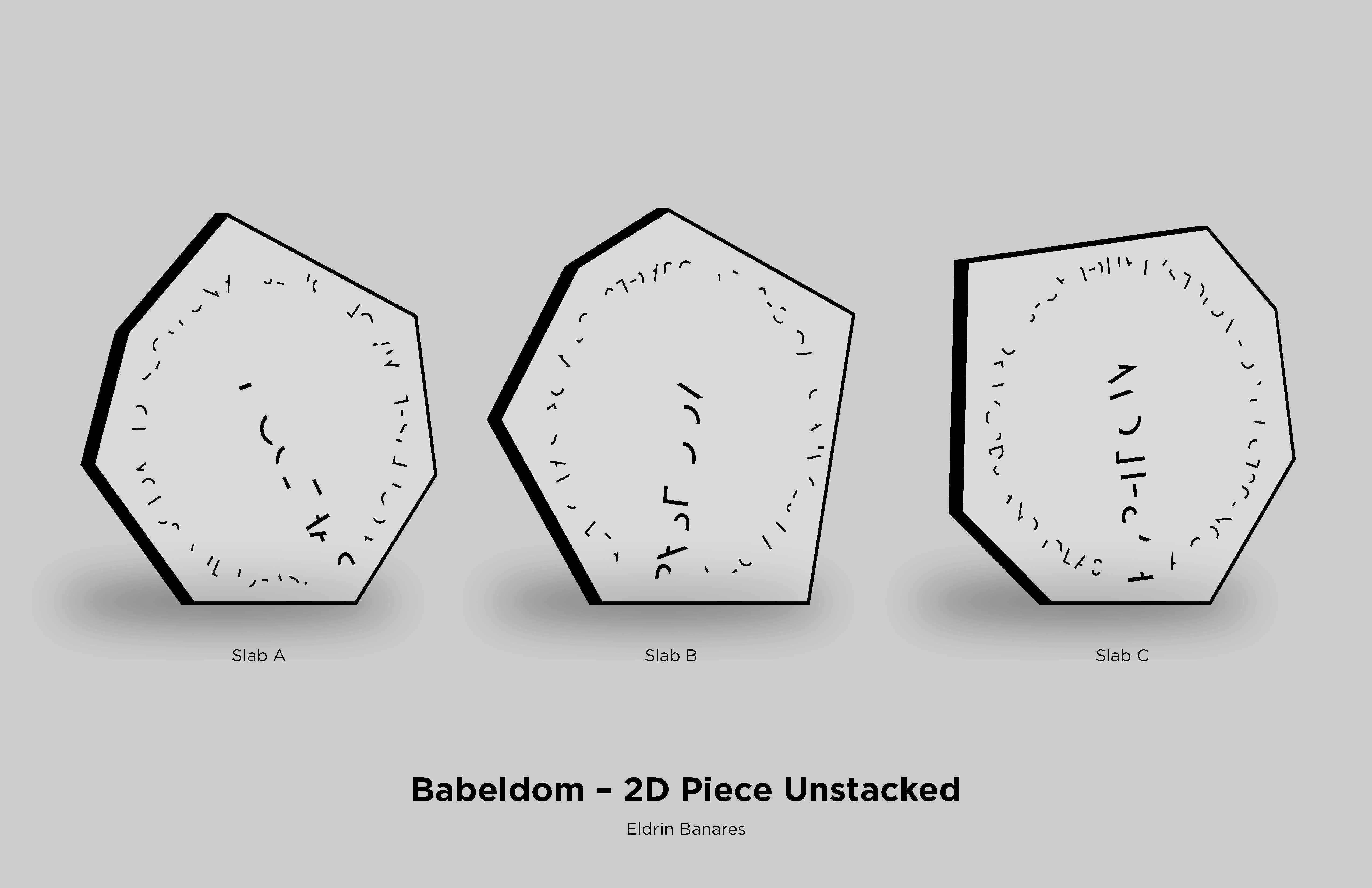 Pieces unstacked to show three different faces. Final 2D piece part 1/4.