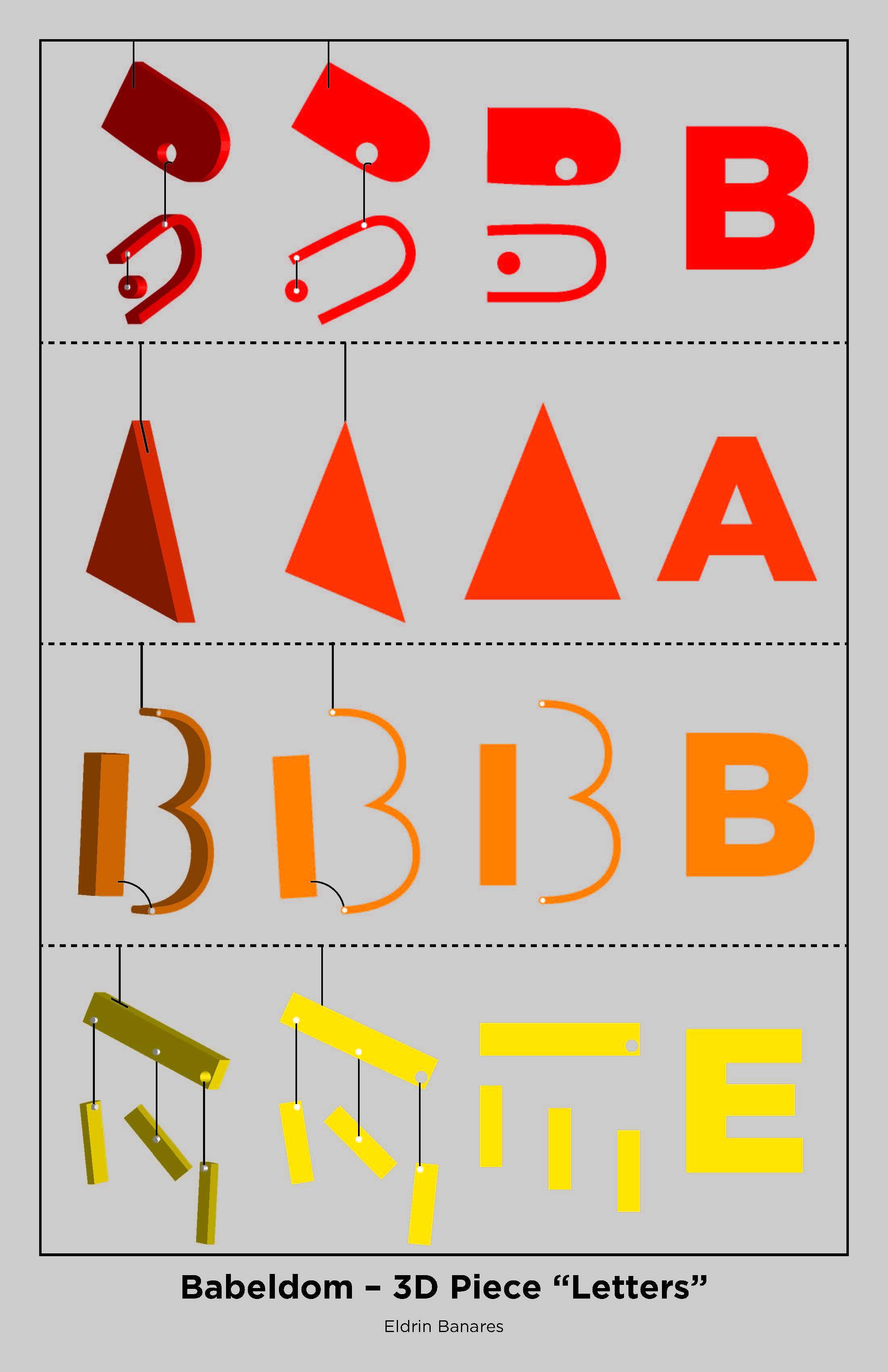 Progression of individual letters. Final 3D piece part 1/5.